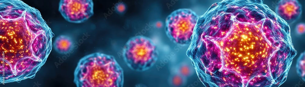 Aufkleber immune response discovery and treatment mechanism concept. microscopic view of colorful cells showca