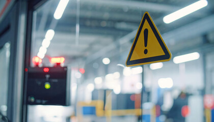 Warning sign caution symbol safety alert industrial environment glass window blurred background factory hazard workplace safety bright light