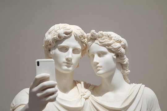 White marble Greek Statues Couple Taking Selfie with Smartphone Isolated on Backdrop
- Powered by Adobe