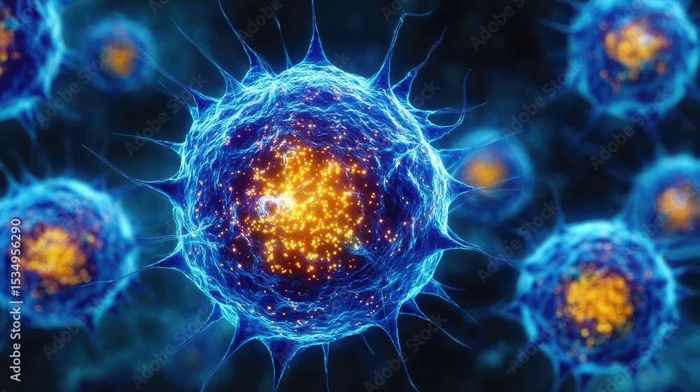 Aufkleber immune response discovery and treatment mechanism concept. digital illustration of colorful cells in