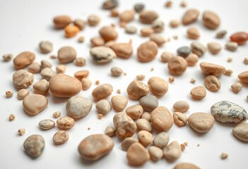 Earthy toned smooth pebbles scattered organically on pure white background, collection, spa