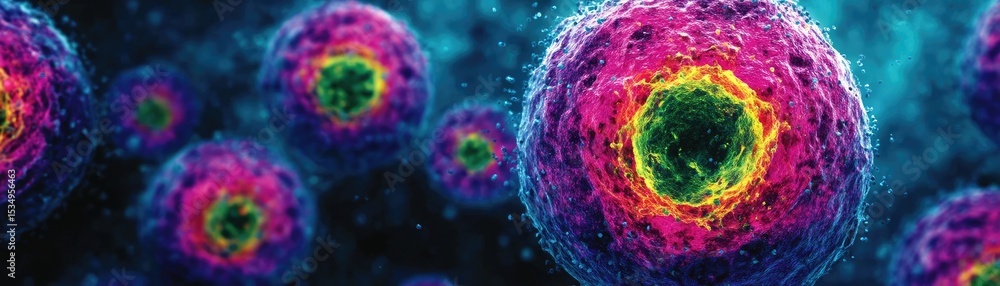 Poster immune response discovery and treatment mechanism concept. vibrant microscopic view of colorful cell