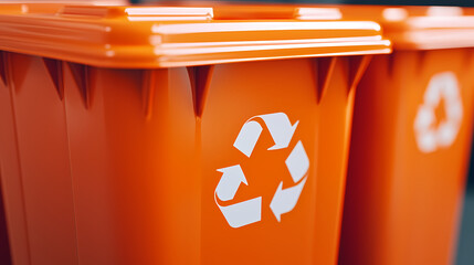 Close-up of bright orange recycling bins with a white recycling symbol, emphasizing environmental responsibility and waste management.