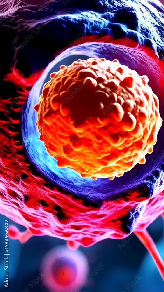 Poster abstract microscopic view of a spherical cell with projections and a bright, textured core in vibran
