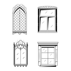 Set Abstract Collection Black Simple Line Doodle Outline Window For Buildings Element Vector Design Style Sketch Isolated On White Background Illustration
