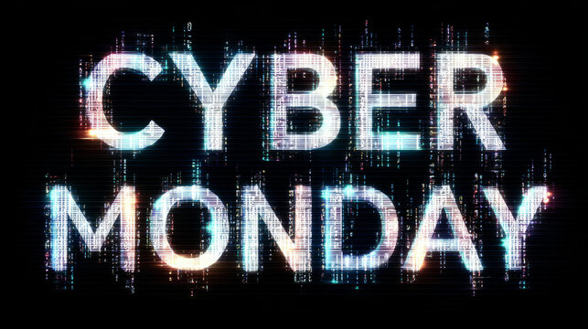 distorted title CYBERMONDAY with pixel glitches and floating code on a dark screen