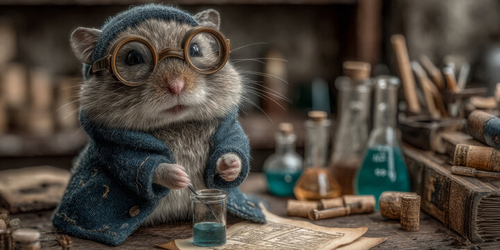 hamster dressed as a scientist mixing chemicals in a tiny lab
