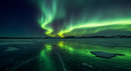 Naklejka premium Vibrant Northern Lights Reflected in Frozen Ice Plains Digital Art