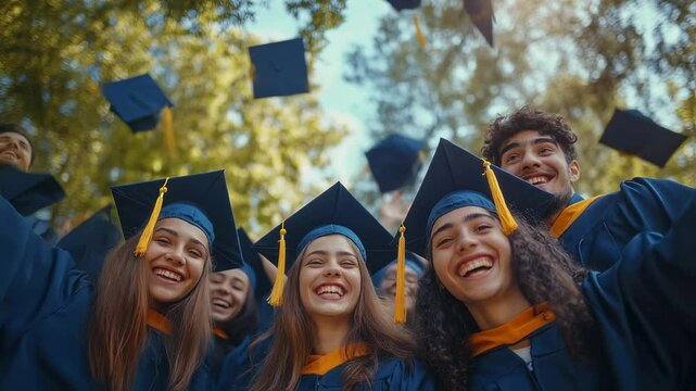 Joyful graduates celebrating achievement by tossing caps, symbolizing academic success