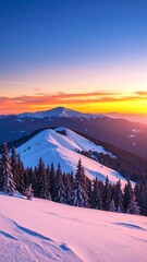 Fototapeta premium A breathtaking sunset casts vibrant hues of orange and pink over majestic mountains, silhouetted by tall evergreen trees and a blanket of glistening snow.