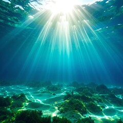 Fototapeta premium A radiant sunbeam pierces through the crystal-clear water, illuminating the vibrant ocean floor, revealing colorful corals and swaying seaweed.