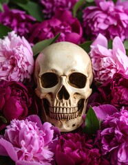 A detailed human skull surrounded by vibrant, colorful flowers, creating a striking contrast between life and death in a natural setting.