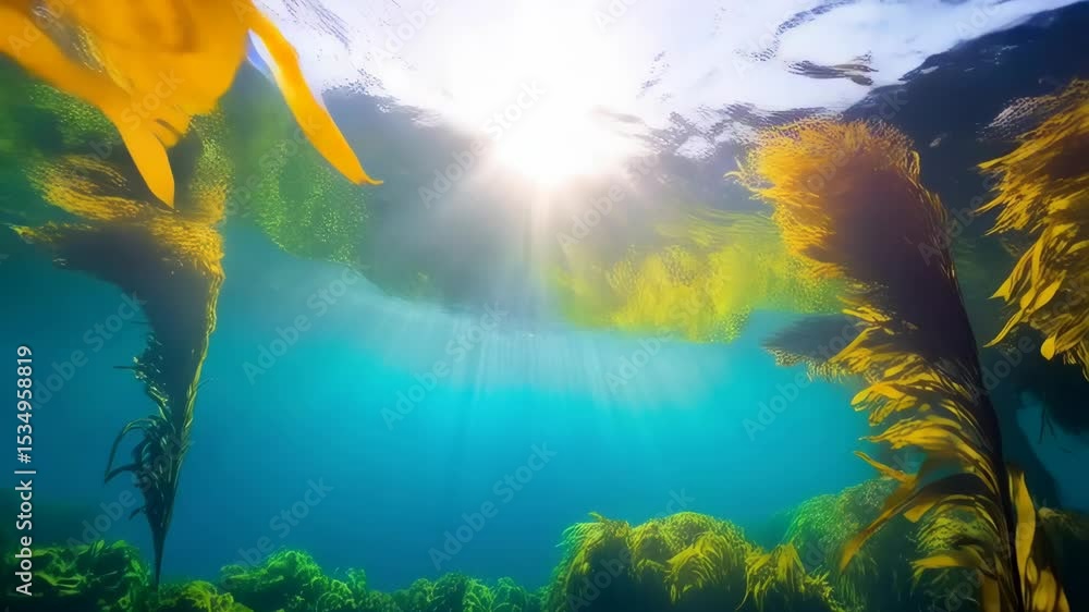 Poster underwater view of kelp forest with sun rays streaming through the water creating a serene and natur