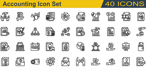 Accounting icon set. Containing Accountant,Accounting,Annual Report,Auditor,Bank,Budget,Cash Flow,Creditor,Financial Statement,Income Statement,Interest Rate. Outline Style