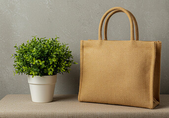 Beige jute tote bag with small potted plant