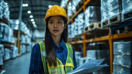 Asian woman supervisor examining warehouse inventory, safety inspection - Powered by Adobe