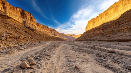 Golden hour light illuminating an empty rocky mountain valley, casting long shadows over cliffs and dry riverbeds