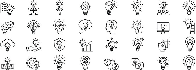 idea generation icon set, Collection of line style lightbulb icons symbolizing innovation, brainstorming, idea generation, business solutions, startup growth, creative thinking, and sustainable energy