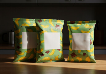 Colorful banana and chocolate snack bags