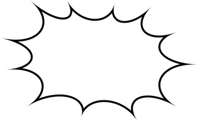 This image displays a blank, white comic speech bubble, characterized by a jagged, spiky outline with a thick black border. 
