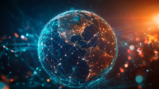 Globe with interconnected network lines against a vibrant, cosmic background