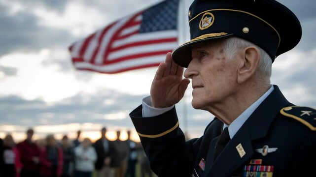 Older man saluting american flag during patriotic outdoor event