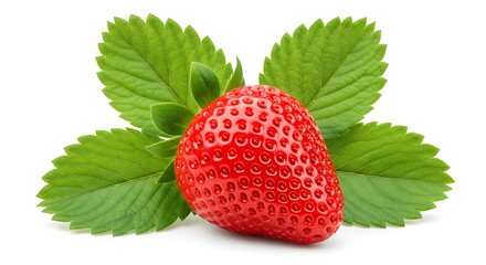 Fresh ripe strawberry with green leaves isolated on a clean white background