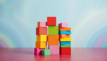 Brightly colored blocks playfully stacked against a rainbow backdrop,  design,  cheerful