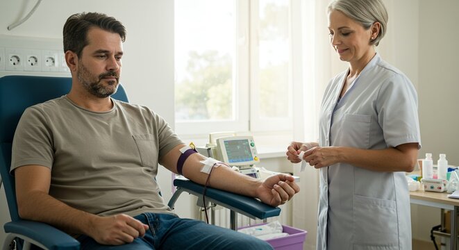Man in a blue chair with a blood draw as a nurse attends to him in a medical setting