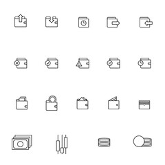 Line style icons of wallets: corporate wallet, business expense wallet, payroll crypto wallet, company bonus wallet, accounting wallet dashboard, business wallet transactions, employee wallet