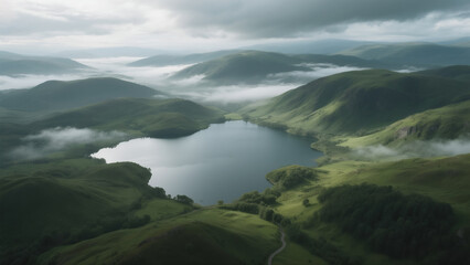 Fototapeta premium Aerial view of highlands, green hills, misty lakes, dramatic cloud light, ultra realistic CG landscape, moody atmosphere, cinematic, no people, no text