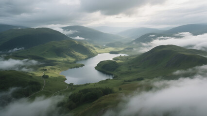 Aerial view of highlands, green hills, misty lakes, dramatic cloud light, ultra realistic CG landscape, moody atmosphere, cinematic, no people, no text