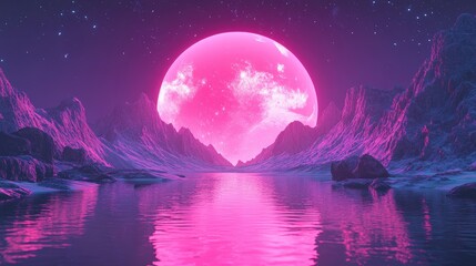 Fototapeta premium Pink moonlit landscape reflecting a vibrant celestial body.