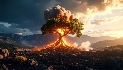 Burning tree amidst dramatic landscape