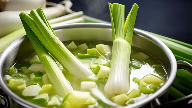 Preparation of aromatic vegetable soup with leeks and diced vegetables cooking in a stainless steel pot on a kitchen stove.