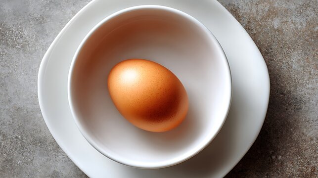 Single Brown Egg in a White Bowl on a Plate
