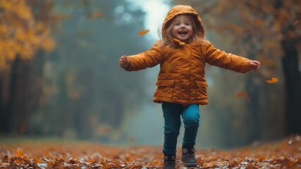 Joyful Child's Adventure: Running through Autumn Leaves in a Forest Setting