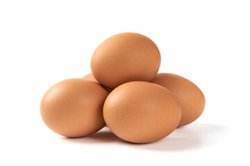 brown raw chicken eggs isolated on white background