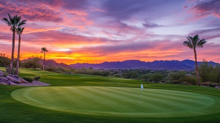 Stunning sunset over a scenic golf course in Arizona mountains, showcasing vibrant colors and palm trees.