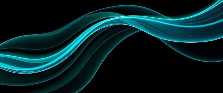 Abstract flowing vector wave lines in teal and blue, dynamic motion on black background, art, background - Powered by Adobe