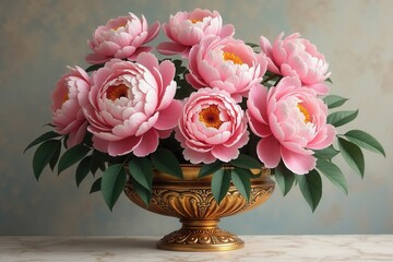 Exquisite pink peonies display in a golden vase, enhancing a luxurious atmosphere