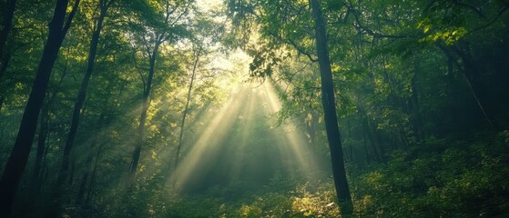 A serene forest scene with sunlight streaming through the trees.