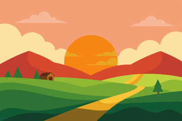 Obraz premium Sunset Landscape Serene Mountain Valley with Winding Road and Cabin