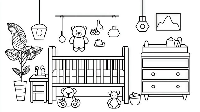 Baby room interior design, outlined in black.
