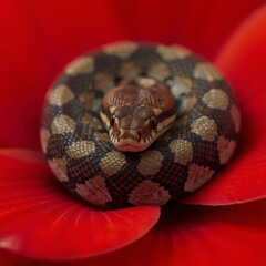 Obraz premium closeup of a colorful snake coiled on a red flower, detailed, high definition, macro photography, natural lighting, cinematic, captivating, striking, mesmerizing, vibrant colors, sharp focus, depth of
