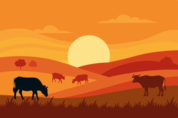 Sunset Silhouette Cows Grazing in Serene Pastoral Landscape