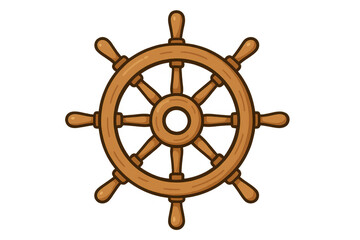 Weathered wooden ship wheel positioned against clean backdrop, symbolizing nautical heritage and maritime exploration