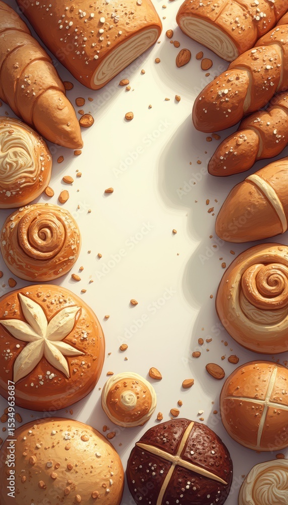 Poster assorted bread loaves and rolls on white surface in studio