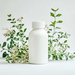 A white bottle is framed by lush greenery and delicate white flowers, a serene and clean scene