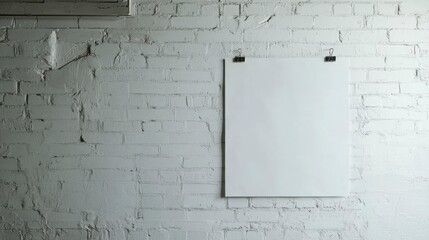 Blank white poster mockup on a white brick wall.